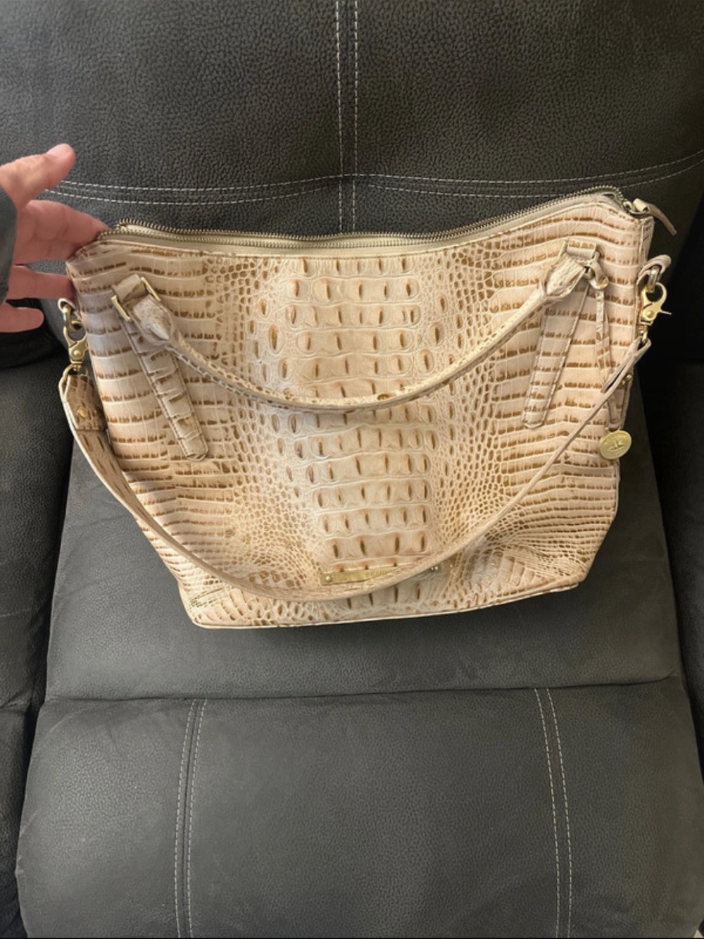 Brahmin Neutral Croc-Embossed Leather Shoulder Bag - Beige